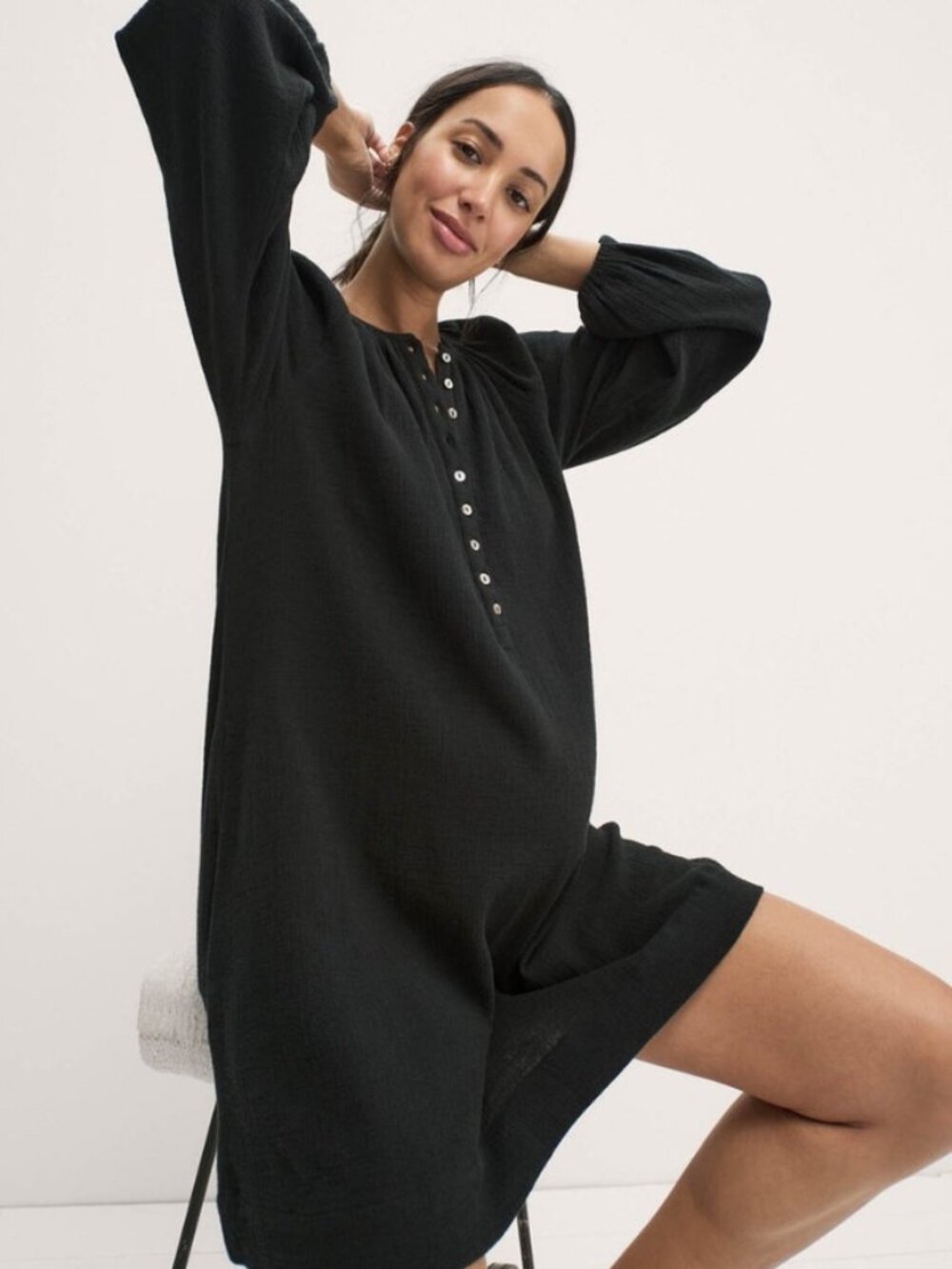 HATCH Collection Katia Dress Black Crinkle Gauze Henley Mini Maternity M 2